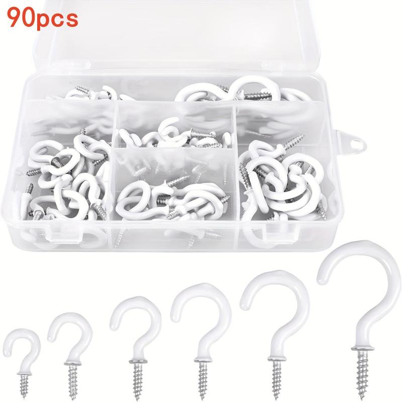 90pcs Vinyl Coated Ceiling Hook Kit - 6 Sizes for Plant, Kitchen, Cup Hanging