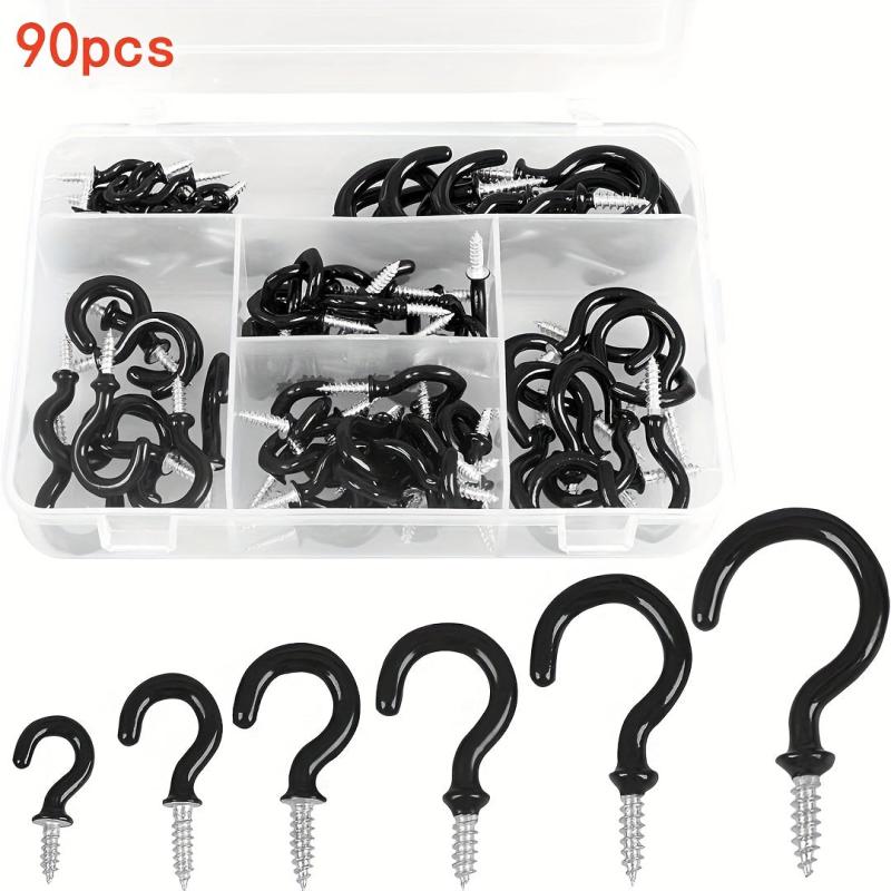 90pcs Vinyl Coated Ceiling Hook Kit - 6 Sizes for Plant, Kitchen, Cup Hanging