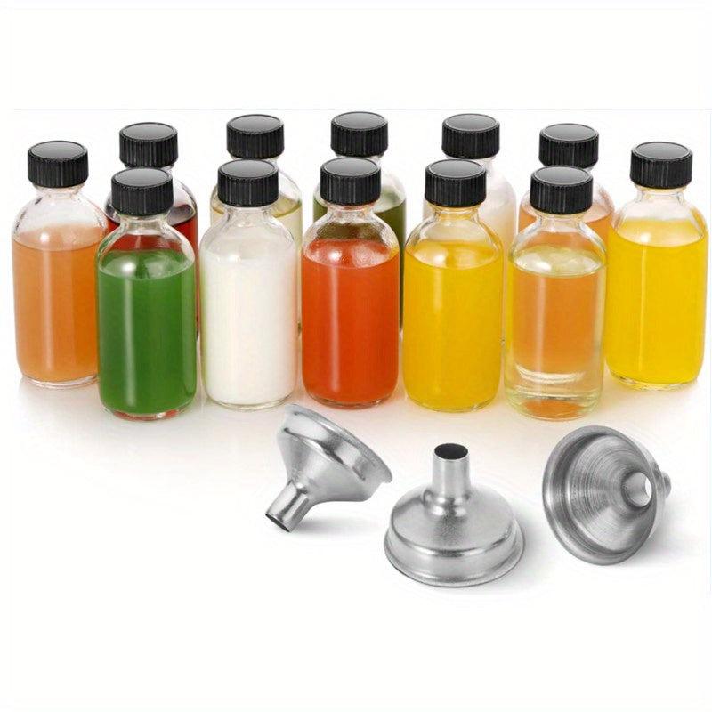 12pcs Set Small Clear Glass Bottle Cap Stainless Steel Funnel 60ml