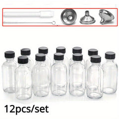 12pcs Set Small Clear Glass Bottle Cap Stainless Steel Funnel 60ml