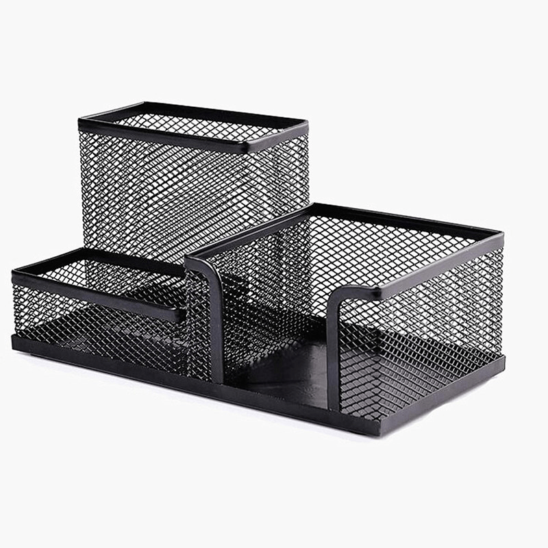 3 Grids Iron Mesh Pen Holder Student Desktop Office Stationery
