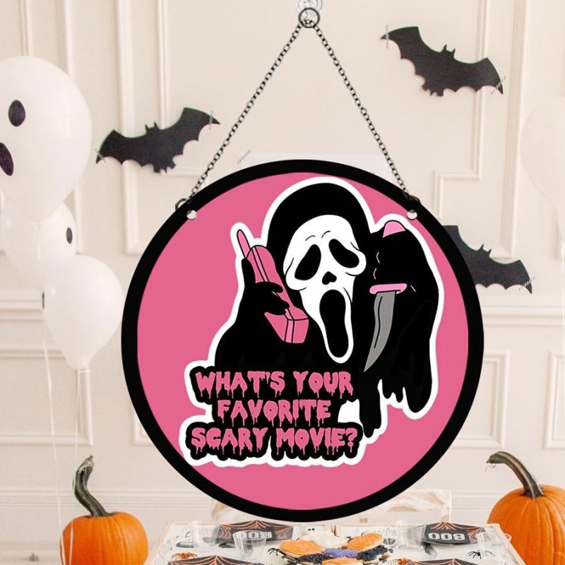 Halloween Wooden Wall Hanging Window Decoration Pink Grimace