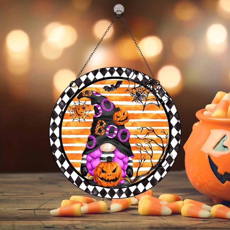 Halloween Acrylic Window Hanging Purple Top Hat Spooky Pumpkin Home Decor