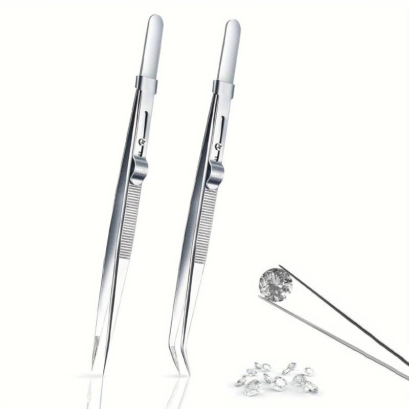 2pcs Precision Tweezers Stainless Steel Slide Locking Non-slip Jewelry Holder