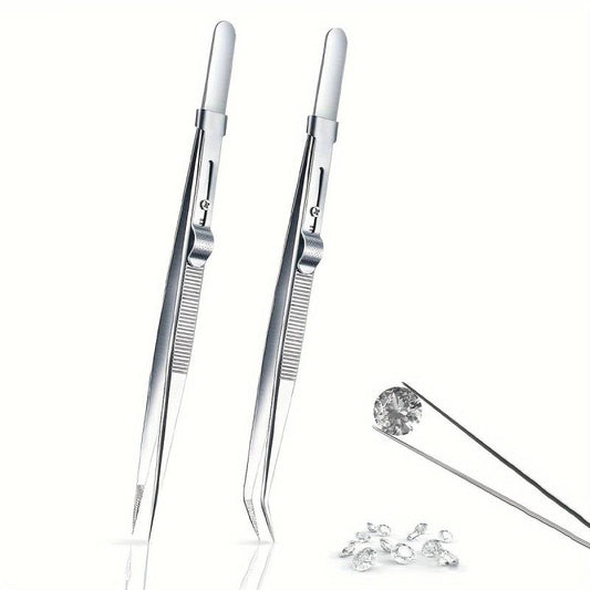 2pcs Precision Tweezers Stainless Steel Slide Locking Non-slip Jewelry Holder