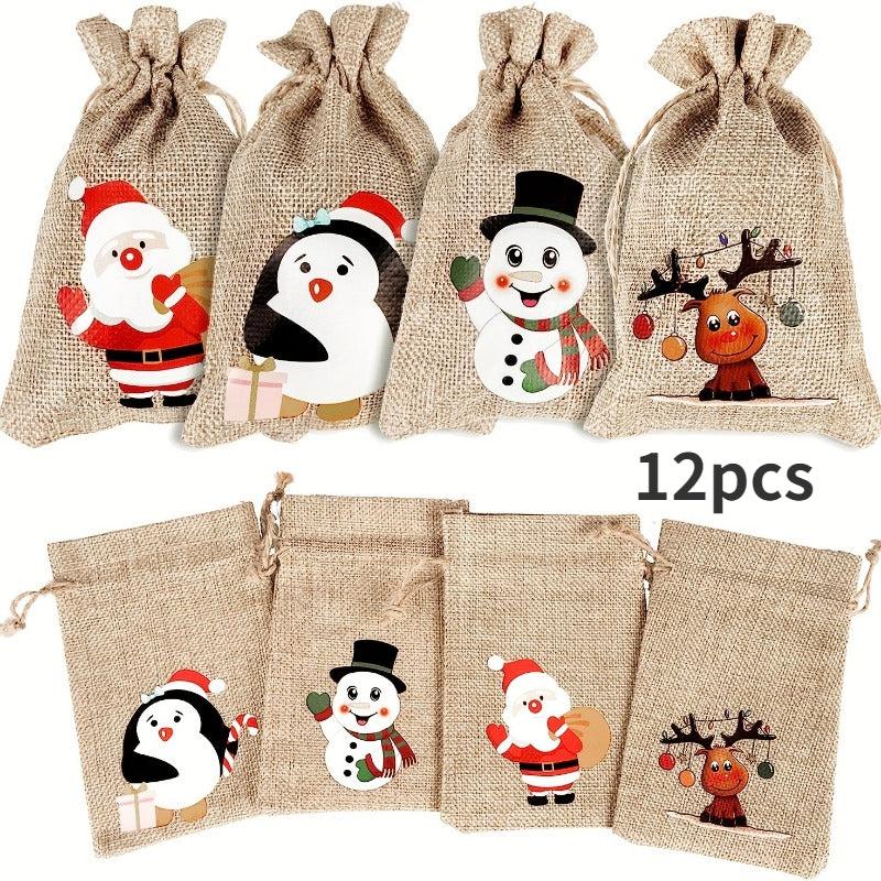 Christmas Burlap Gift Bag Set - 12pcs Bibs with Drawstrings