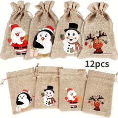 Christmas Burlap Gift Bag Set - 12pcs Bibs with Drawstrings