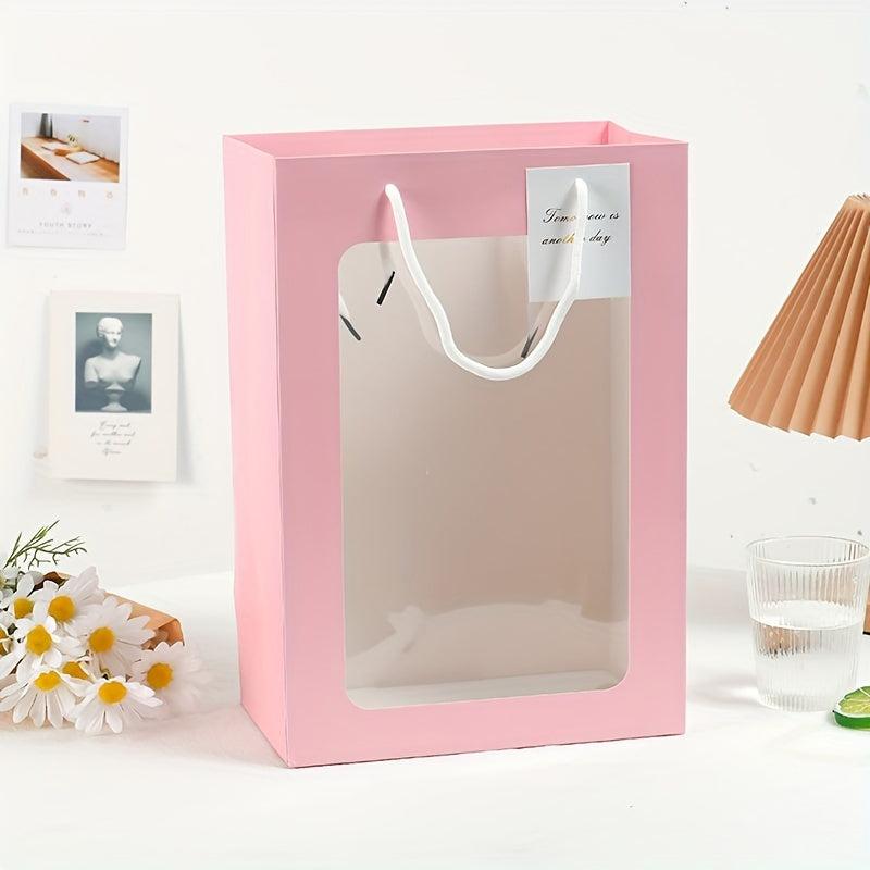 5pcs Fresh Style Gift Bag with Transparent Window, Portable Flower Bag