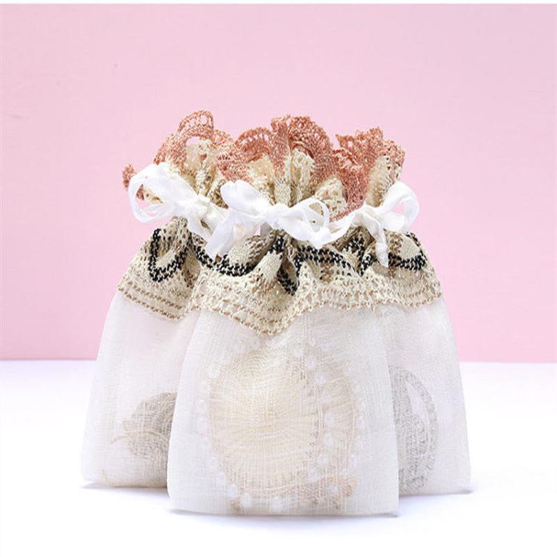 10pcs Cream Wavy Lace Cloth Bag 13 9 Slub Yarn Drawstring Bag