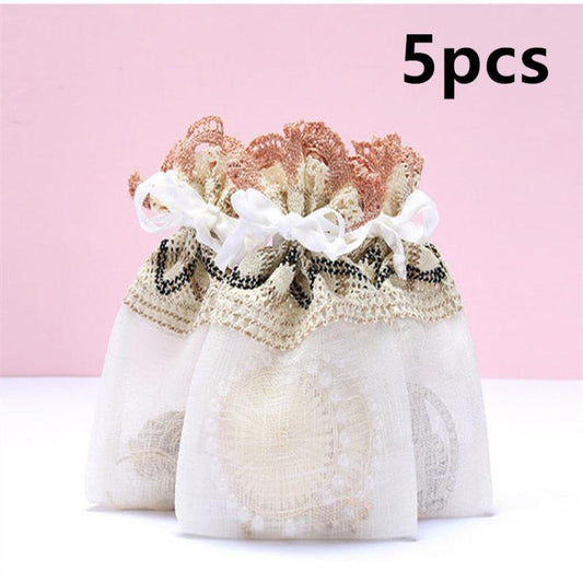 10pcs Cream Wavy Lace Cloth Bag 13 9 Slub Yarn Drawstring Bag