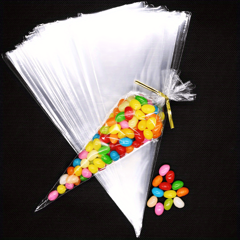 100pcs Transparent Candy Bags Wedding Party Sweet Cellophane Cone Storage Bag