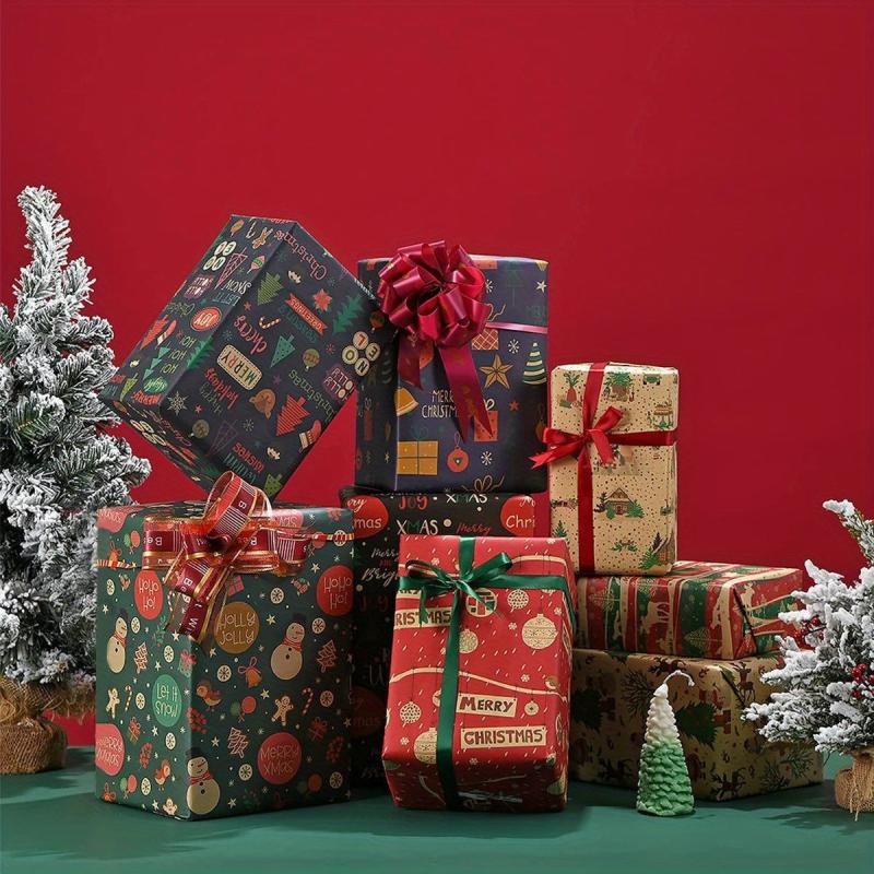 6pcs Christmas Wrapping Paper Set with Tags, Stickers, Paper Rope