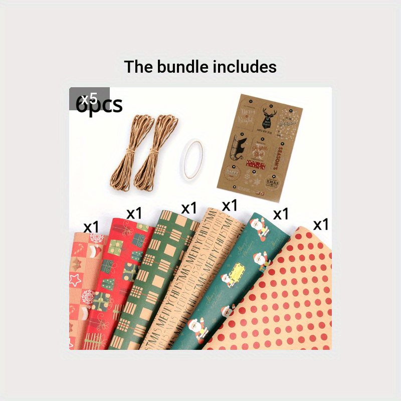 6pcs Christmas Wrapping Paper Set with Tags, Stickers, Paper Rope