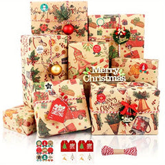 6pcs Christmas Wrapping Paper Set with Tags, Stickers, Paper Rope