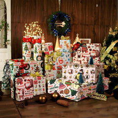 6pcs Christmas Wrapping Paper Set with Tags, Stickers, Paper Rope