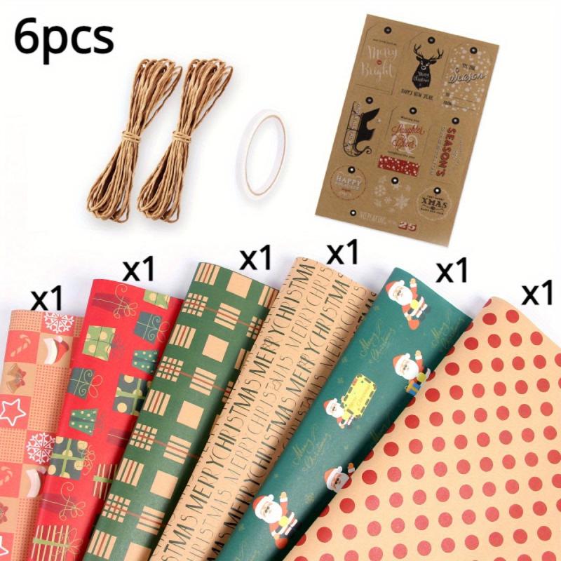 6pcs Christmas Wrapping Paper Set with Tags, Stickers, Paper Rope