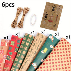 6pcs Christmas Wrapping Paper Set with Tags, Stickers, Paper Rope