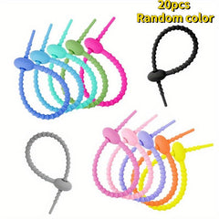 20pcs Random Reusable Silicone Ties & Bag Clips All Purpose Cable Straps
