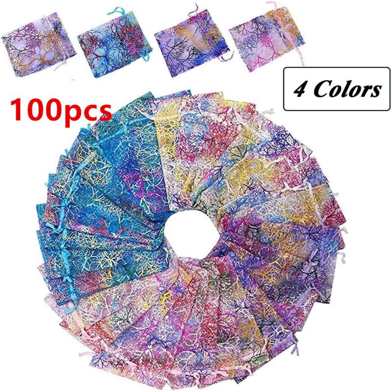 100pcs Coral Pattern Organza Bags Drawstring Candy Gift Bag Mixed Colour