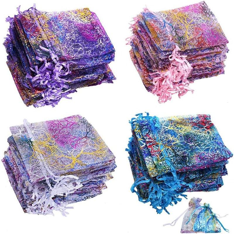 100pcs Coral Pattern Organza Bags Drawstring Candy Gift Bag Mixed Colour
