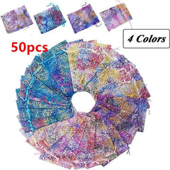 100pcs Coral Pattern Organza Bags Drawstring Candy Gift Bag Mixed Colour