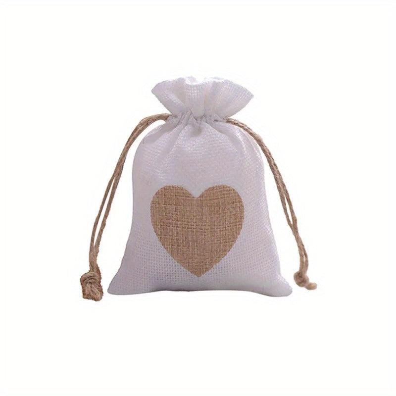 5pcs Heart Shape Linen Drawstring Bag Reusable Burlap Pouch Gift Bags 10x14cm
