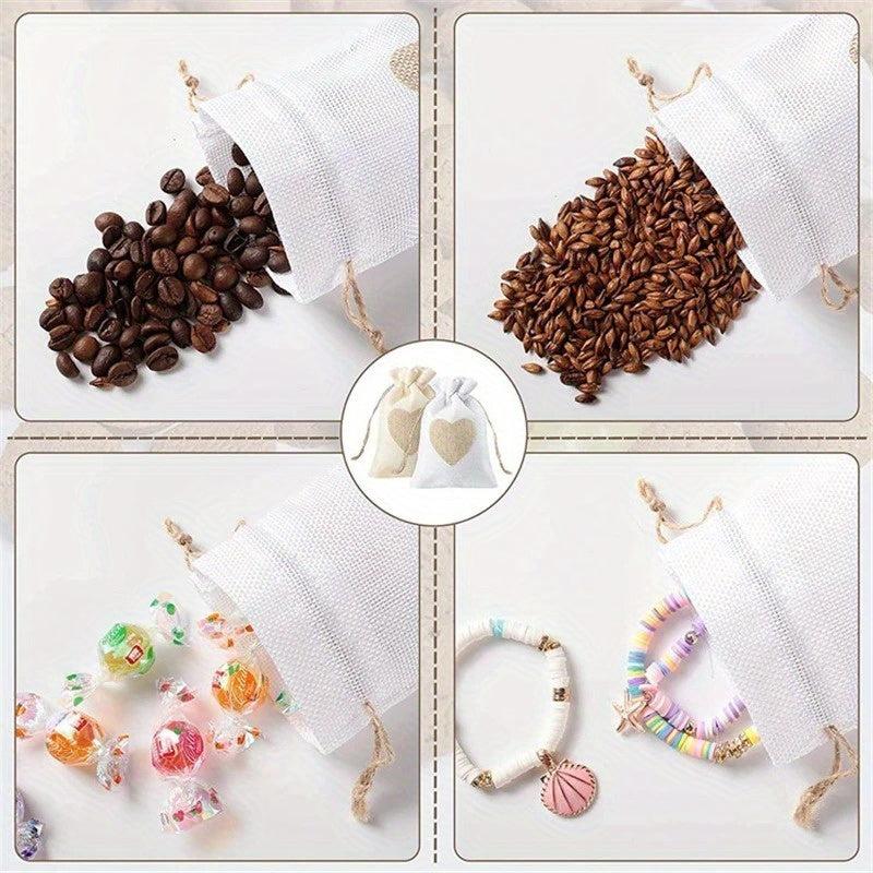 5pcs Heart Shape Linen Drawstring Bag Reusable Burlap Pouch Gift Bags 10x14cm