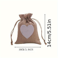 5pcs Heart Shape Linen Drawstring Bag Reusable Burlap Pouch Gift Bags 10x14cm