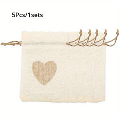 5pcs Heart Shape Linen Drawstring Bag Reusable Burlap Pouch Gift Bags 10x14cm