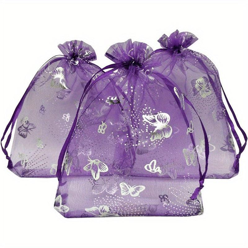 50pcs Sheer Organza Bags Purple Butterfly Print Wedding Drawstring Pouches