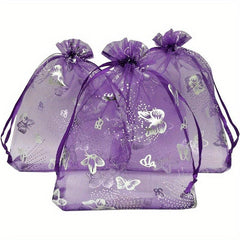 50pcs Sheer Organza Bags Purple Butterfly Print Wedding Drawstring Pouches