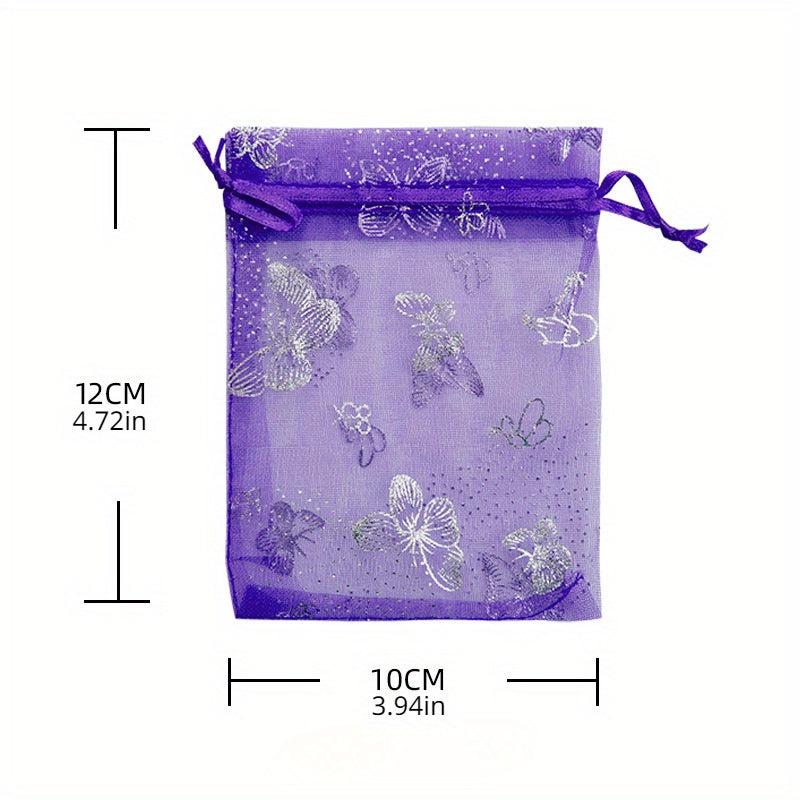 50pcs Sheer Organza Bags Purple Butterfly Print Wedding Drawstring Pouches