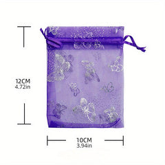 50pcs Sheer Organza Bags Purple Butterfly Print Wedding Drawstring Pouches