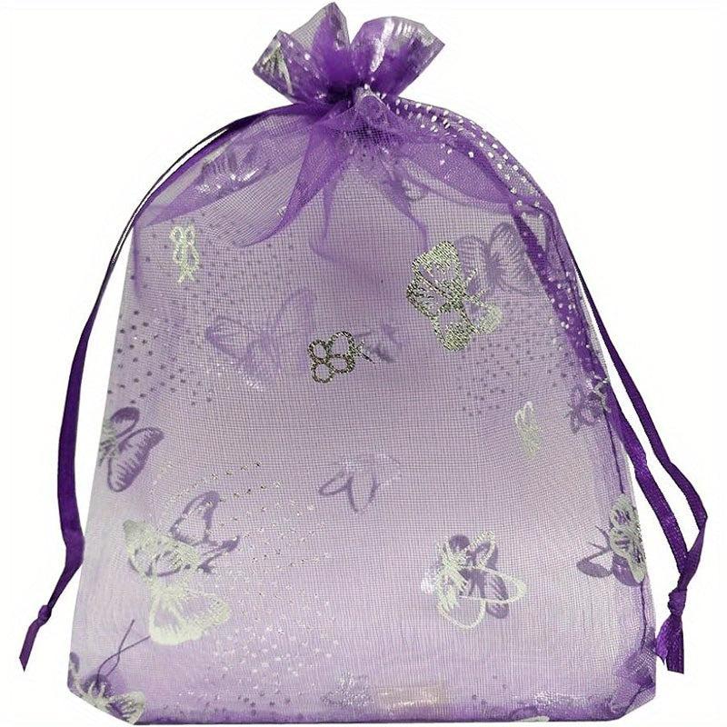 50pcs Sheer Organza Bags Purple Butterfly Print Wedding Drawstring Pouches