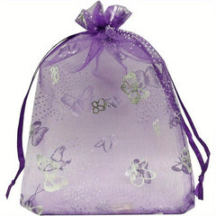 50pcs Sheer Organza Bags Purple Butterfly Print Wedding Drawstring Pouches