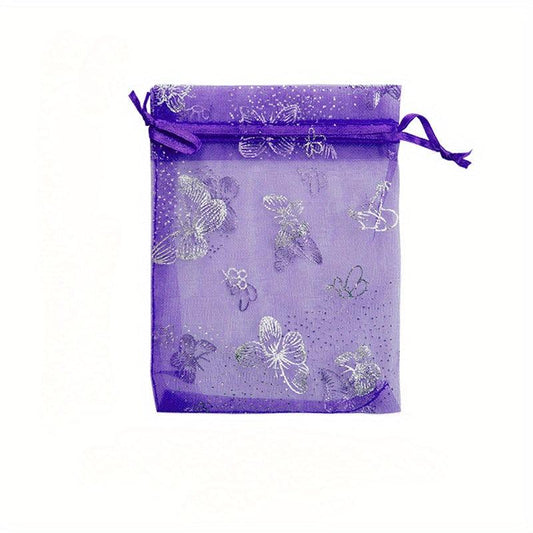 50pcs Sheer Organza Bags Purple Butterfly Print Wedding Drawstring Pouches