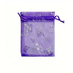 50pcs Sheer Organza Bags Purple Butterfly Print Wedding Drawstring Pouches