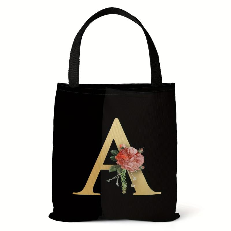 Flower Letters Print Canvas Bag Lightweight Shoulder Bag