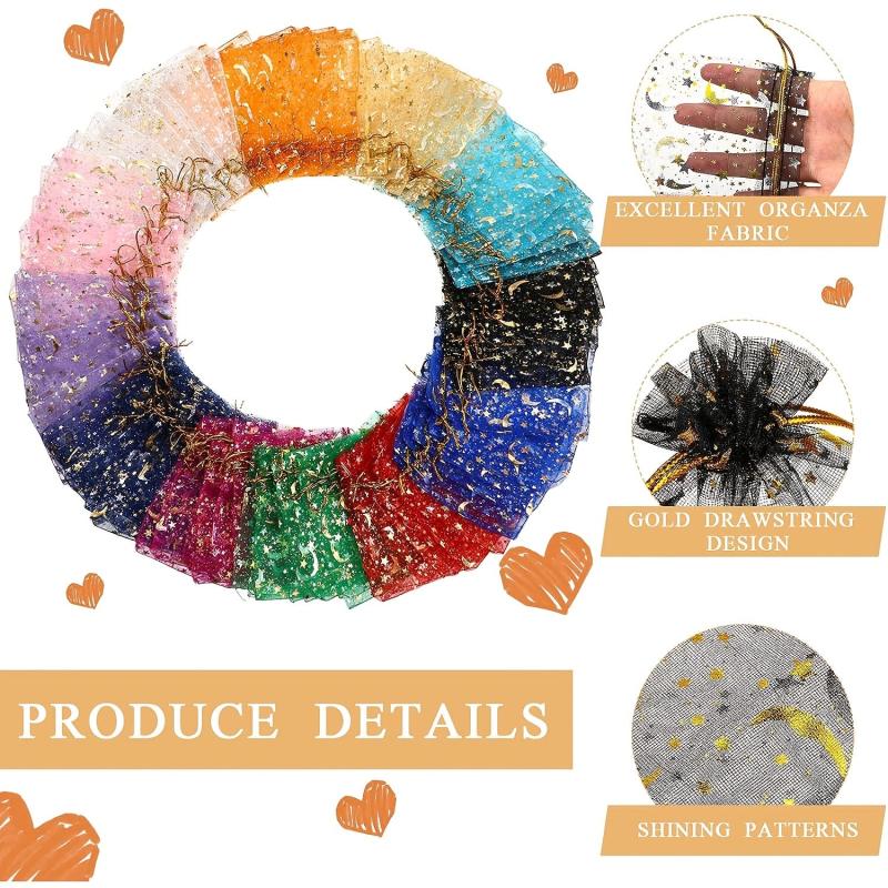 10pcs Moon Star Drawstring Organza Jewelry Gift Bag Golden