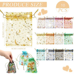 10pcs Moon Star Drawstring Organza Jewelry Gift Bag Golden