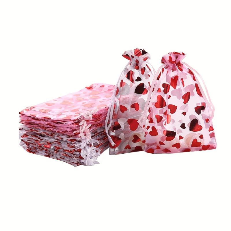 100pcs Heart Shaped Organza Gift Bags Wedding Party Jewelry Packaging
