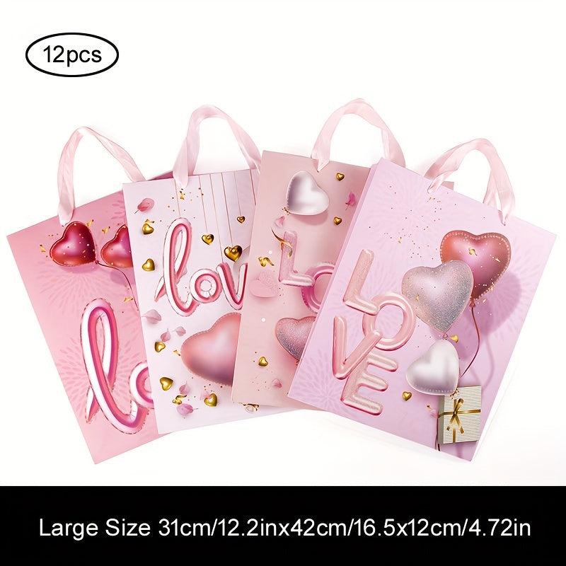 12pcs Pink Love Pattern Gift Bags - Mother's Birthday Party, Thanksgiving