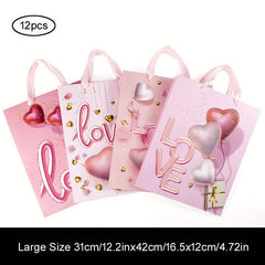 12pcs Pink Love Pattern Gift Bags - Mother's Birthday Party, Thanksgiving