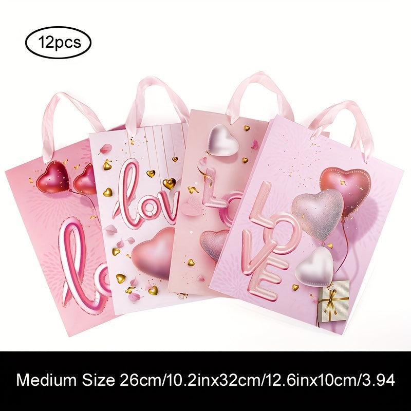 12pcs Pink Love Pattern Gift Bags - Mother's Birthday Party, Thanksgiving