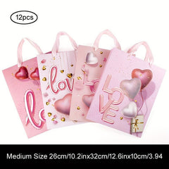 12pcs Pink Love Pattern Gift Bags - Mother's Birthday Party, Thanksgiving