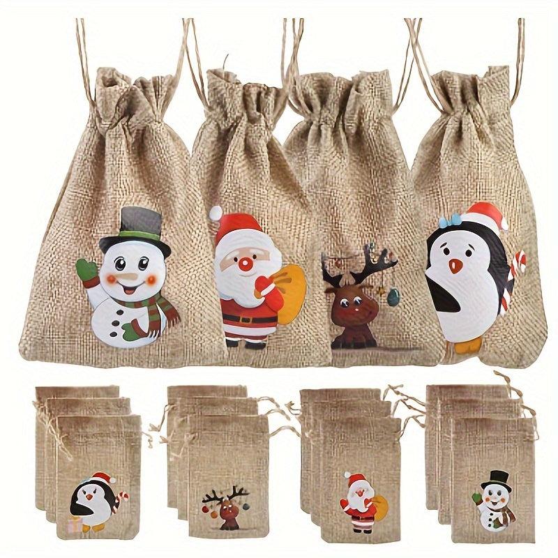 12pcs Christmas Burlap Gift Bags Drawstring Bibs, 4 Patterns