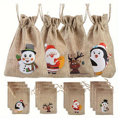 12pcs Christmas Burlap Gift Bags Drawstring Bibs, 4 Patterns