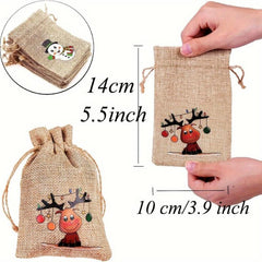 12pcs Christmas Burlap Gift Bags Drawstring Bibs, 4 Patterns