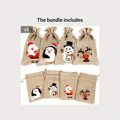 12pcs Christmas Burlap Gift Bags Drawstring Bibs, 4 Patterns