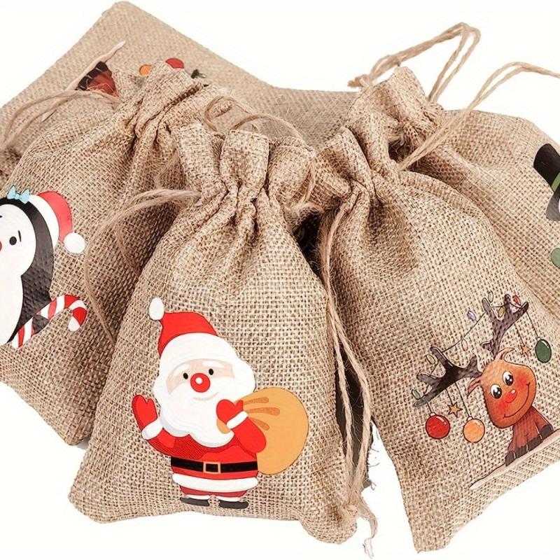 12pcs Christmas Burlap Gift Bags Drawstring Bibs, 4 Patterns